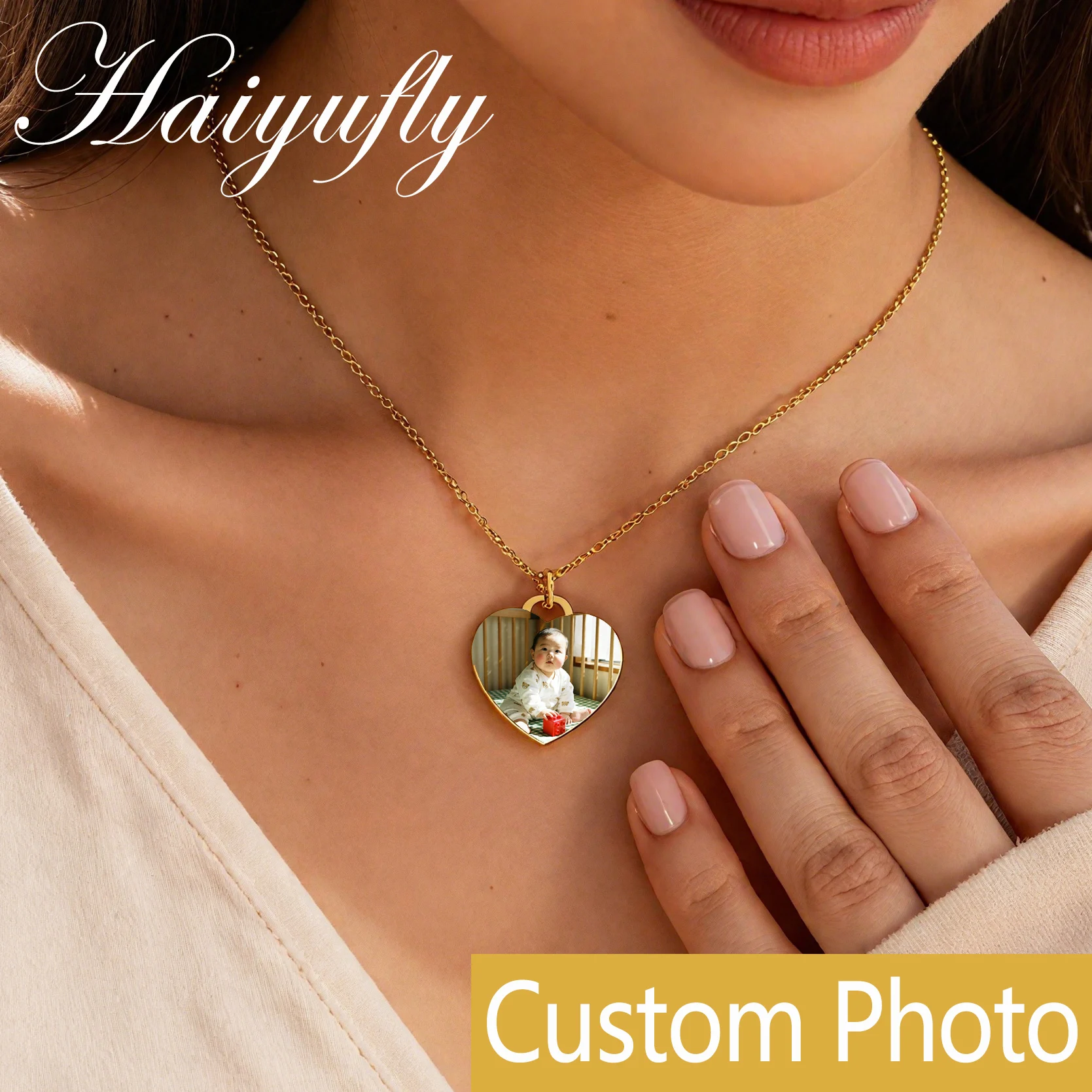 

Haiyufly ожерелье с изображением на заказ для женщин, колье-цепочка с гравировкой в виде сердца, ювелирные изделия из нержавеющей стали, индивидуальный подарок на память