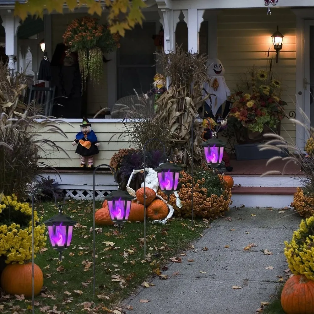 Luz Solar de Halloween para exteriores, linterna de jardín LED de llama intermitente, con gancho de pastor, iluminación de paisaje impermeable, 4 piezas