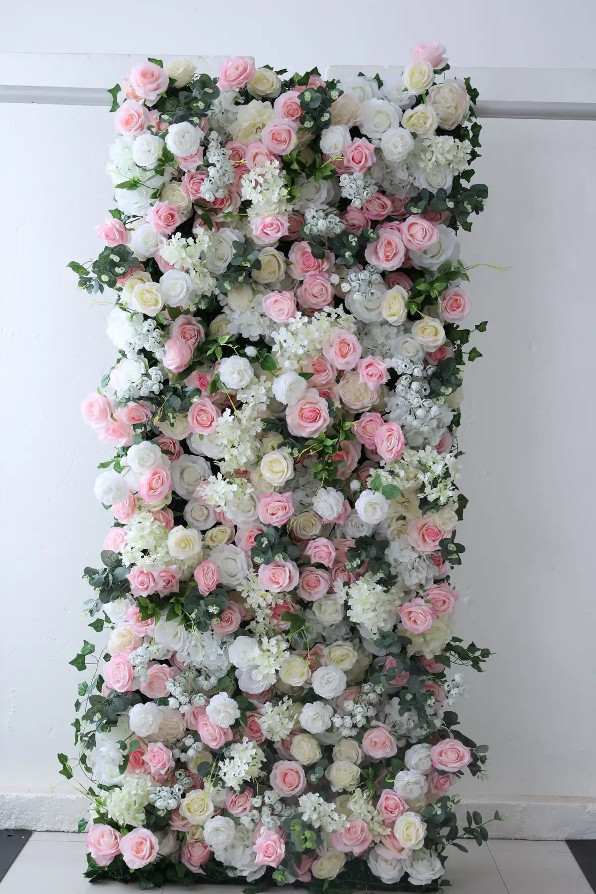 

3D Wedding Series White pink Rose green leaf roll cloth artificial plant flower wall Outdoor wedding background decorative wall