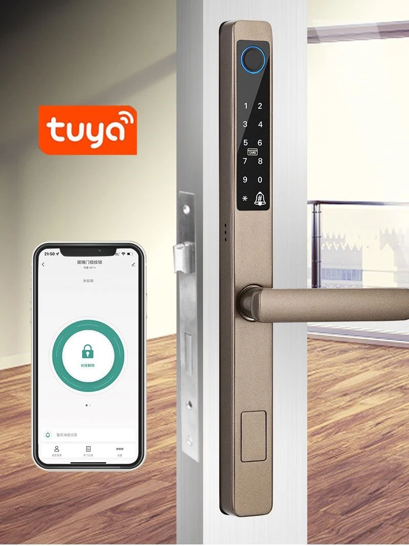 Tuya APP IP65 Waterproof Smart Fingerprint Password Card Door Lock Zinc Alloy For Outdoor Pull Push Sliding Door