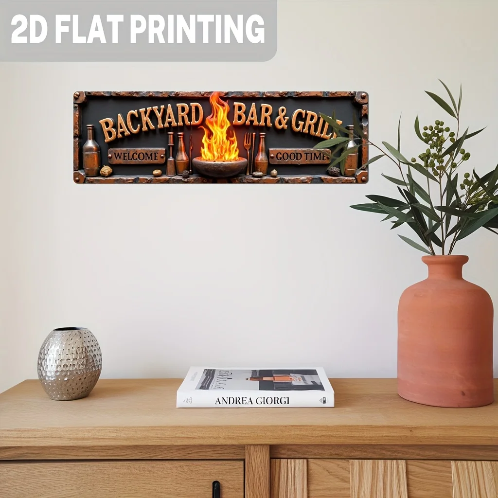 لافتة حائط ألومنيوم مسطحة ثنائية الأبعاد، قطعة واحدة من بار الفناء الخلفي الريفي والشواية - ديكور معدني عتيق مع تصميم "ترحيب بالوقت الجيد". #3