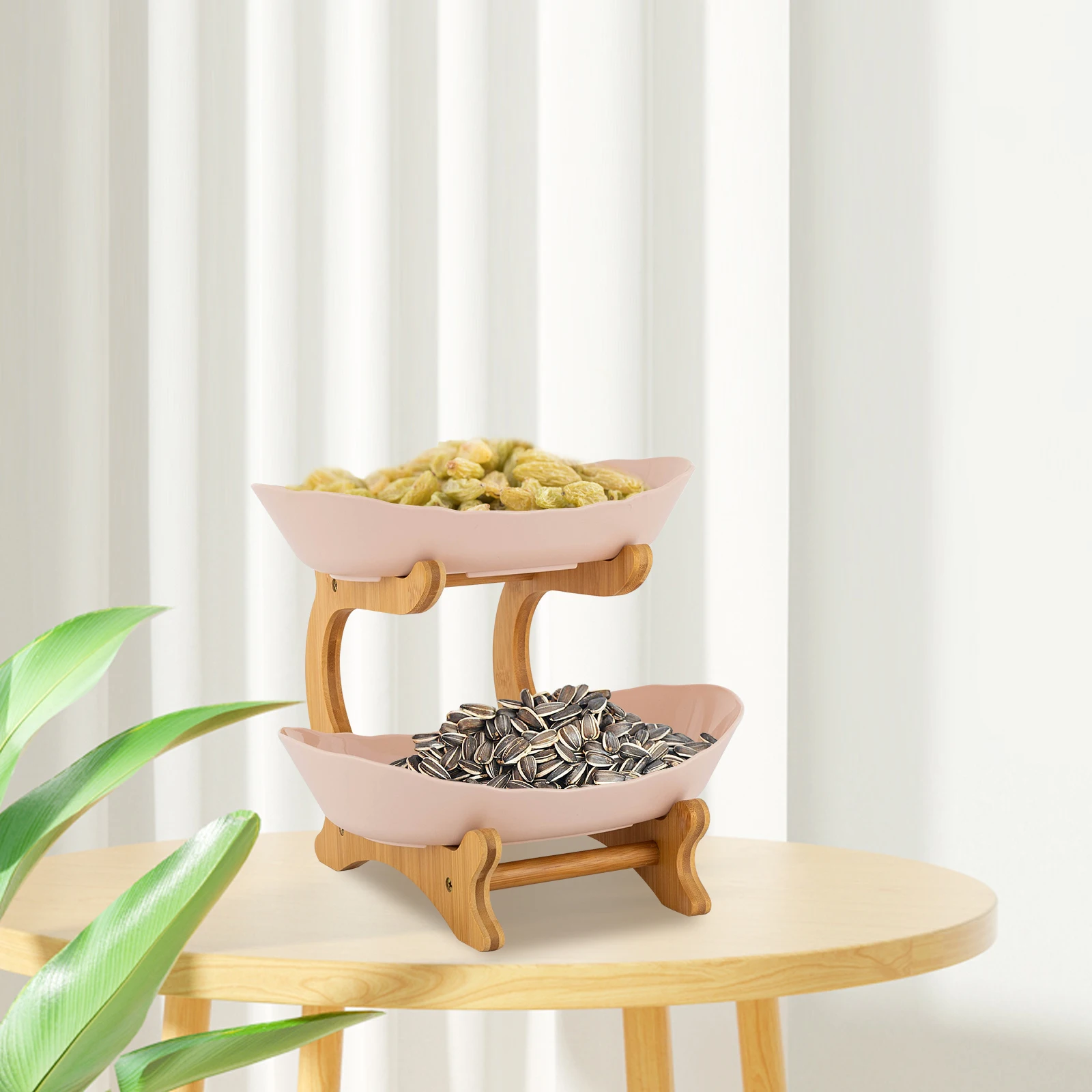 2 Tier Fruit Bowl Stand with Bamboo Frame, Dual PP Serving Trays, 10.2x7.4 Inch Fruit Serving Tray, Detachable Fruit Basket