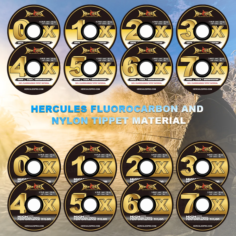 HERCULES Fly Fishing Tippet 100% Fluorocarbon 3 Pack with Fly Tippet Holder Spool Tender 1X-7X 2.53LB -12.78LB 55YDS