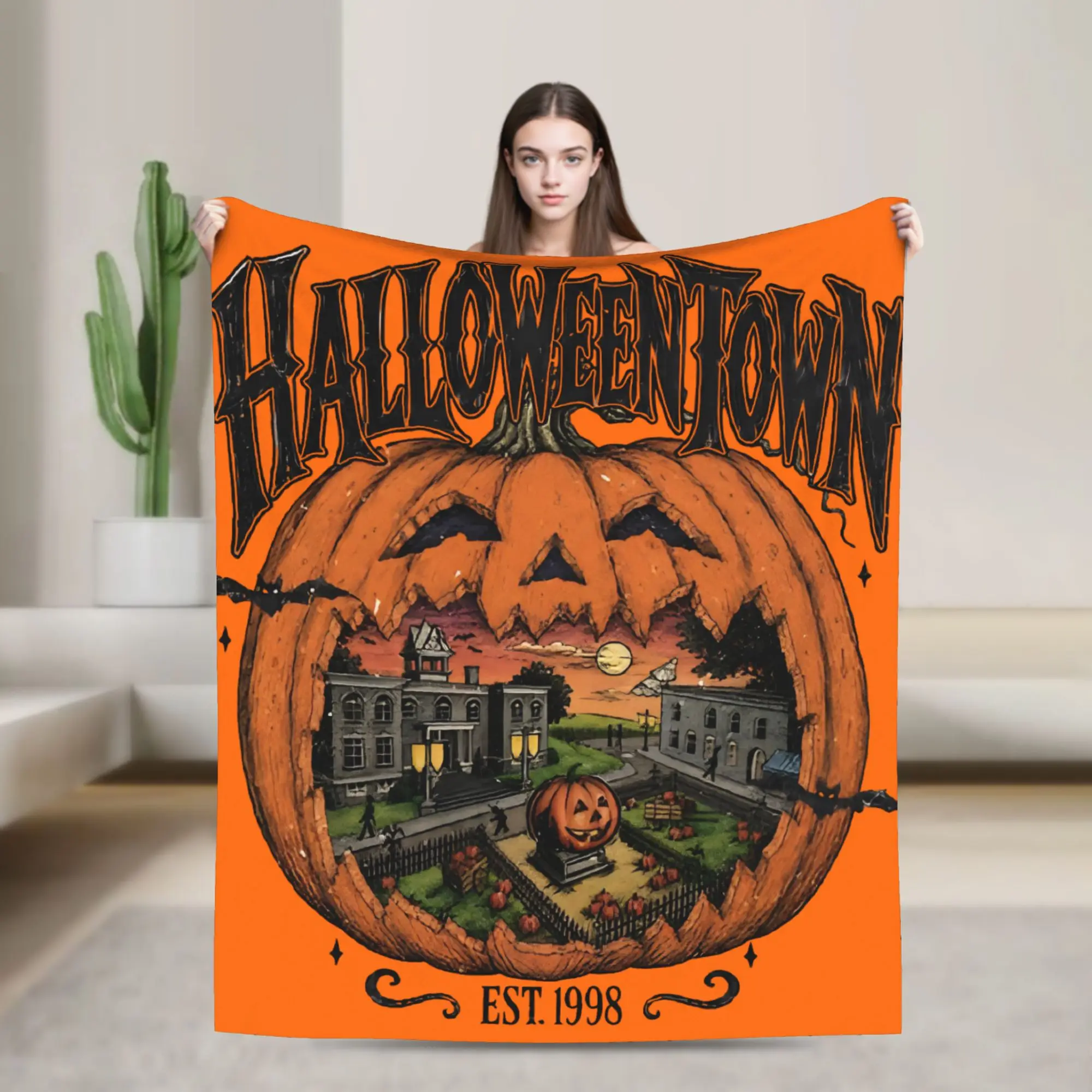 Halloween Town Flannel Blanket Pumpkin Haunted House Spooky  Funny Throw Blankets for Bed Sofa Couch 200x150cm Bedspread