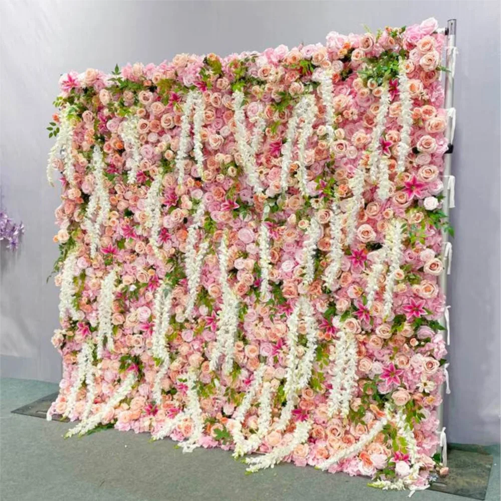 Uflower Luxury Pink Rose Hydrangea 3D Roll Up Curtain Cloth Flower Wall Outdoor Wedding Backdrop Decorations For Reception - view 2