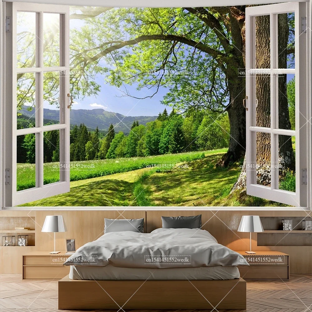Forest Window Tapestry Wall Hanging Nature View Sea Landscape Tapestries Aesthetic Bedroom Decoration Printed Wallpapers