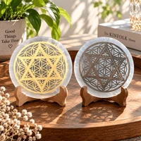 Selenite Charging Plate Natural Carved Stone Slab, Gypsum Slice With Black‑Golden Border Six‑Pointed Star, Moroccan Coaster Base 6