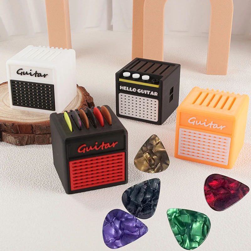 Contenitore per plettri per chitarra stampato in 3D in stile altoparlante per amplificatore con 5 plettri gratuiti, supporto per esposizione