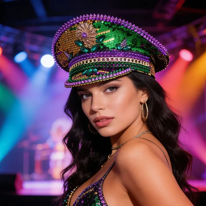 Purple green color-blocked sequin stage hat with rhinestone embellishments + three-dimensional rivets, a luxurious and uniqu