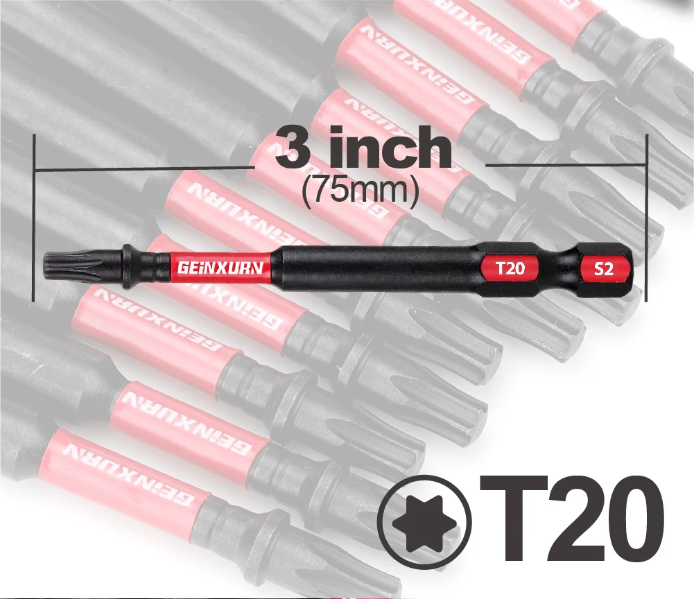 GEINXURN T20 3 In. Insert Driver Bits,Impact Tough Magnetic #20 Torx Head Power Bits, S2 Alloy Steel T20 Screwdriver Bits Set