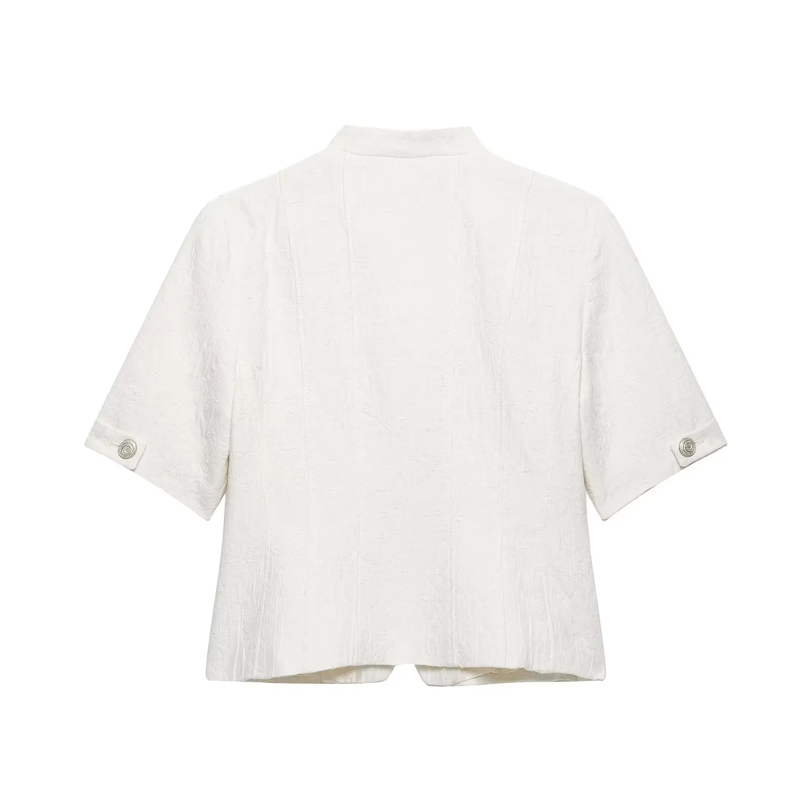 BSAY Summer Fashion Versatile Minimalist White Jacquard Short Sleeve Jacket Women U-Neck Single Row Metal Buttons Cropped Top