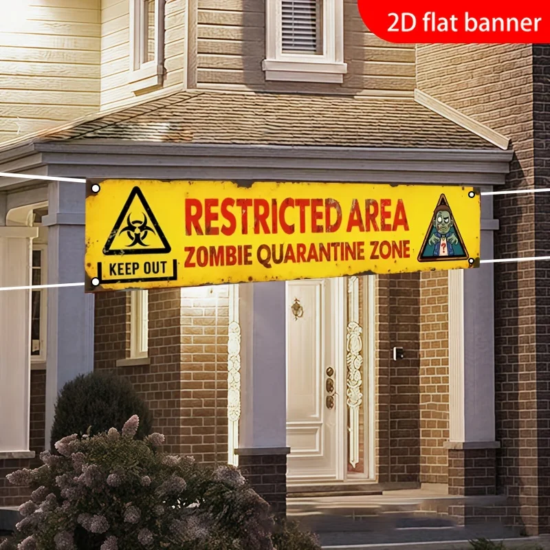Image of Ein 2D-Flachbanner für Halloween-Dekoration, „Verbotener Bereich Zombie-Isolationszone“ mit Warnschildern