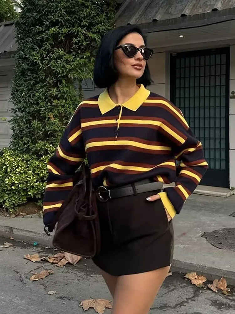 HH المرأة الخريف موضة سليم البنطال القصير أنثى شيك متعدد الألوان مخطط بولو طوق زر سترة طويلة الأكمام بلوزة كاجوال ﻿