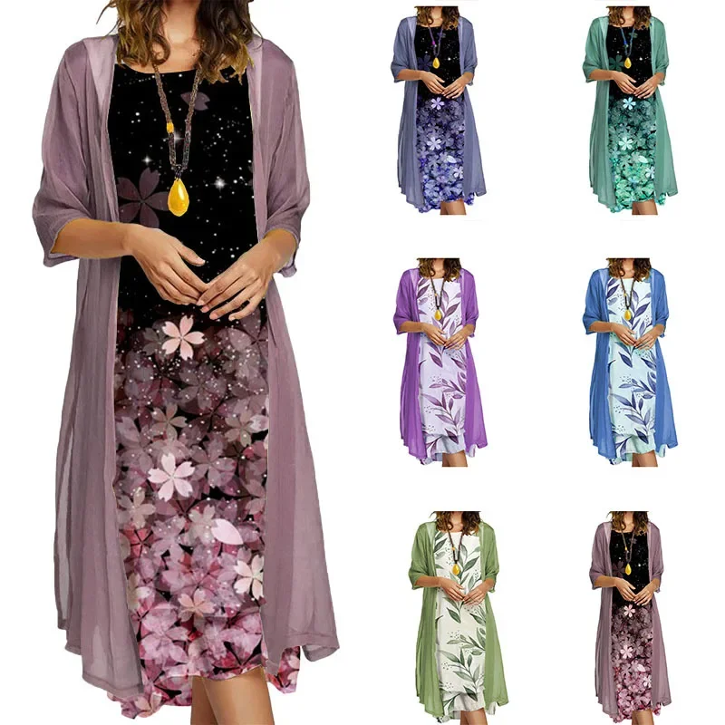Long Blouse Dress Suits Two 2 pcs Sale Casual Women Floral Print Sundress& Half Sleeve Loose Cardigan Shirt Sets LXBLFZ-60888