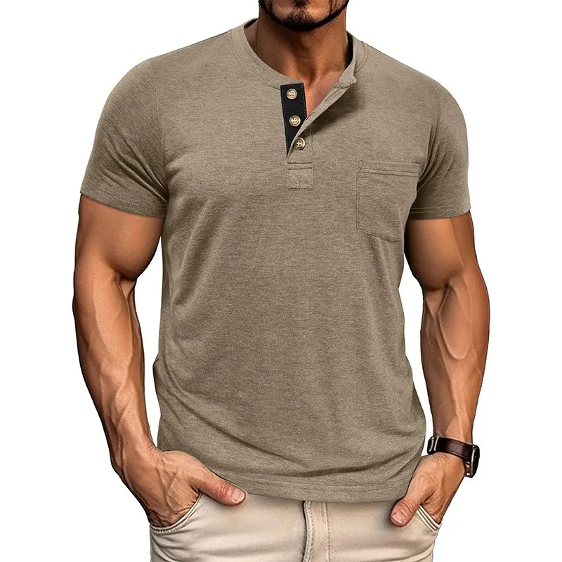 

Summer Men's T-shirt New European and American Mens Short Sleeve T-shirt Knitted Sweater Solid Color Button Henry Shirt Top