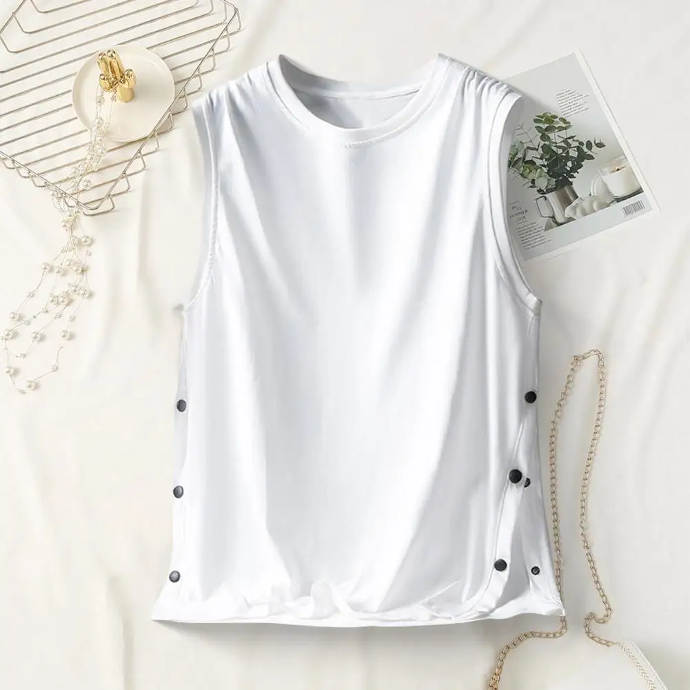 Men Vest Sleeveless Round Neck Loose Fit Tank Tops With Side Buckles Closure Solid Color Casual Tops Breasted Pullover Summer