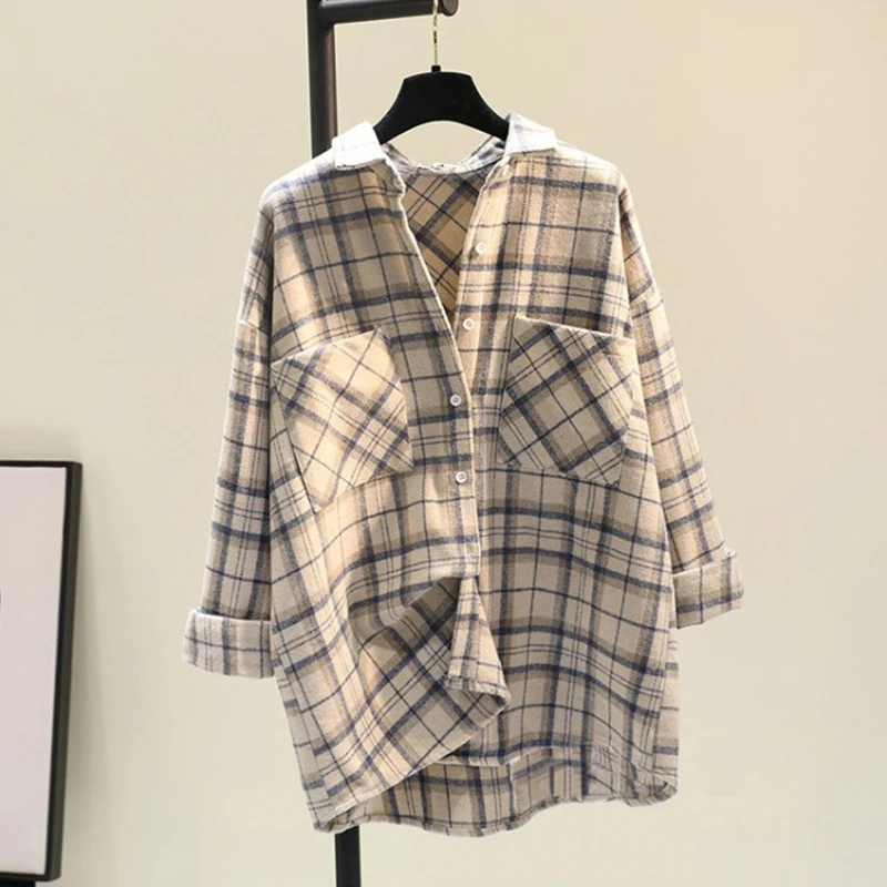 

Brand Women's Loose Casual Plaid irt Korean Sle Long Sve Button up unge Hong Kong Flavor Spring Autumn Top Coat