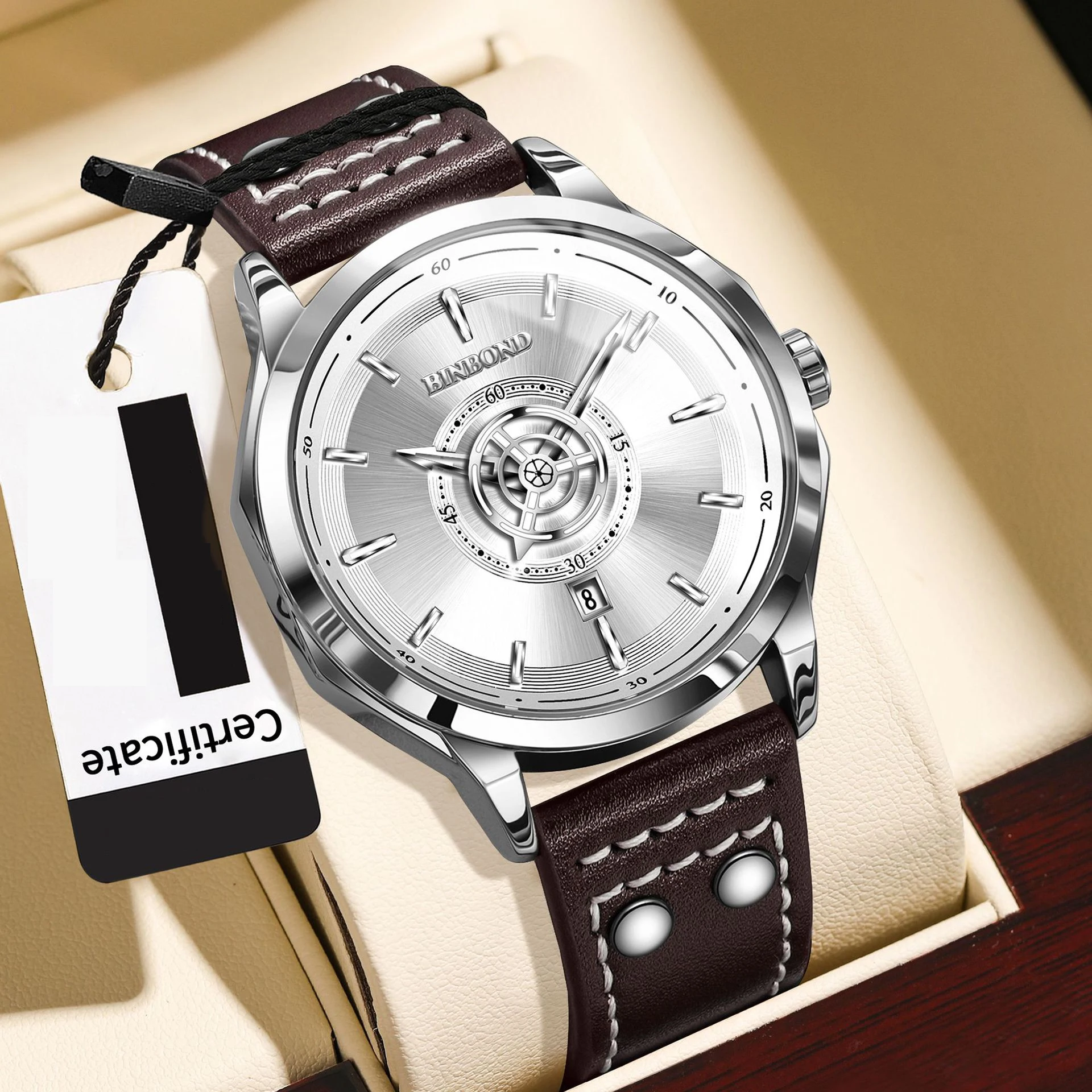 Single Calendar Quartz Wristwatch for Men Business Casual Luminous Waterproof Round Genuine Leather Strap Pin Buckle Watch
