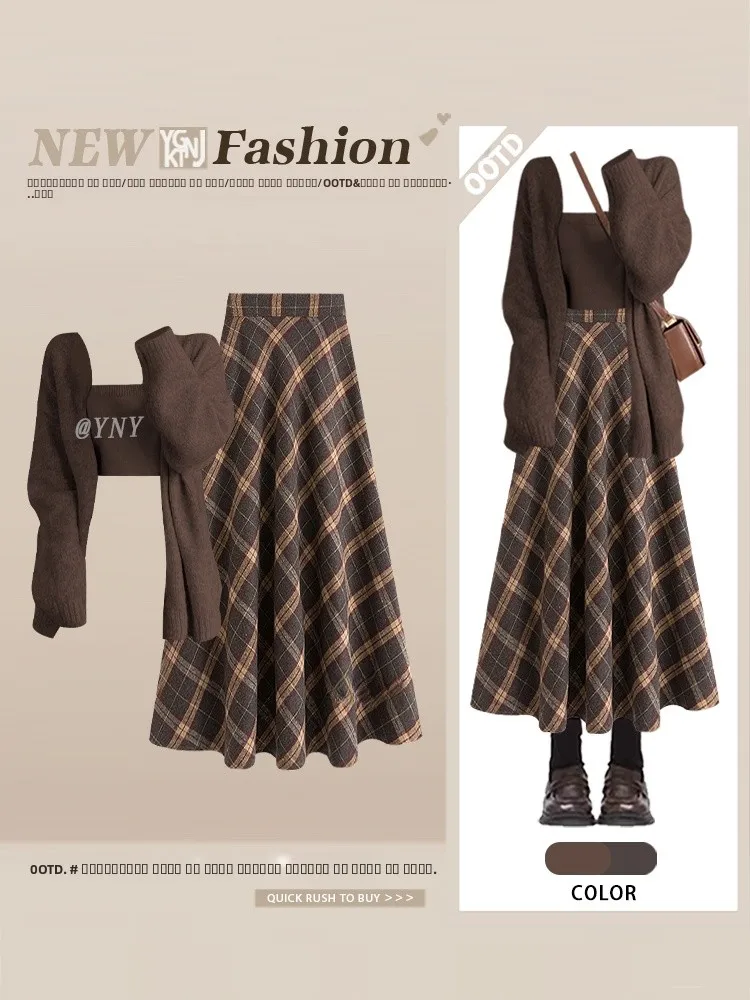 

Корейский мягкий вязаный открытый кардиган на бретельках, жилет, комплект футболок, осенняя новая клетчатая юбка, женский ансамбль Faion