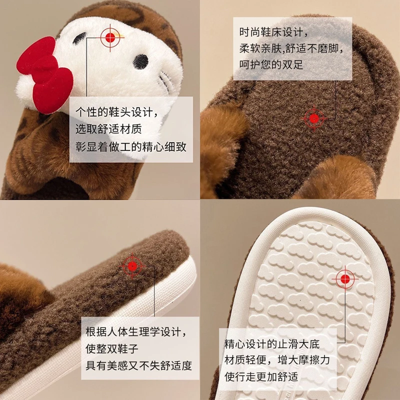 أنيمي مرحبا كيتي ليوبارد طباعة نعال من القطن المرأة الشتاء في الهواء الطلق داخلي دافئ عدم الانزلاق غطاء أصابع القدم نفخة النعال أحذية المنزل