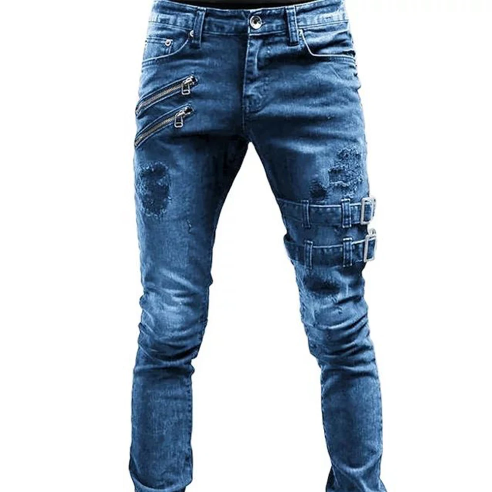 Retro Moto Biker Straight Elastic Jeans Men Zipper Hole Streetwear Punk Skinny Denim Cargo Pants Pantalones Hombre  Y2K Clothing