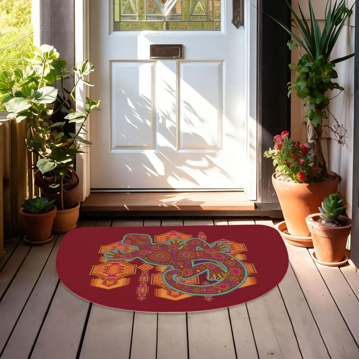 Ethnic Tribal Lizard Salamander Soft Flannel Half Round Doormat Non Slip Bathroom Mat Absorbent Floor Carpet for Living Room