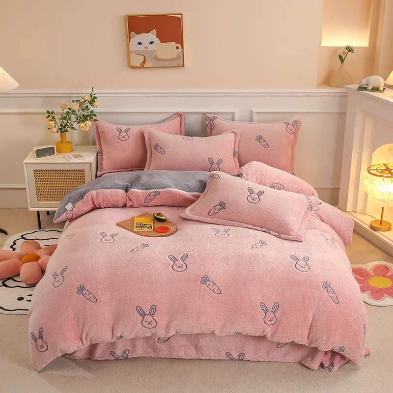 Winter Antistatic Thick Warm Duvet Cover Microfiber Quilt Cover Coral Fleece Queen King Size Double Sided Velvet Bedding Set