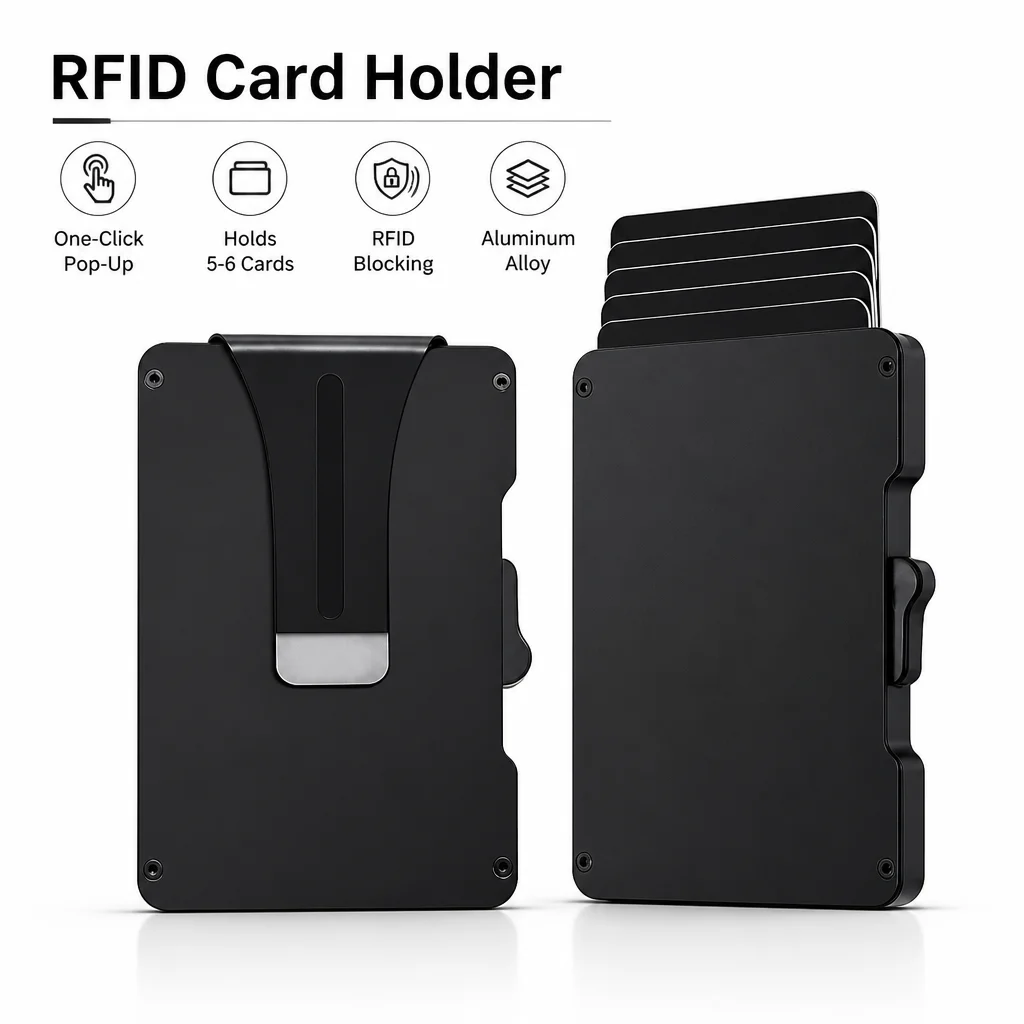 RFID Blocking Card Holder with One-Click Pop-Up, Aluminum Alloy Money Clip Wallet, Slim Card Case Holds 5-6 Cards, Men Women