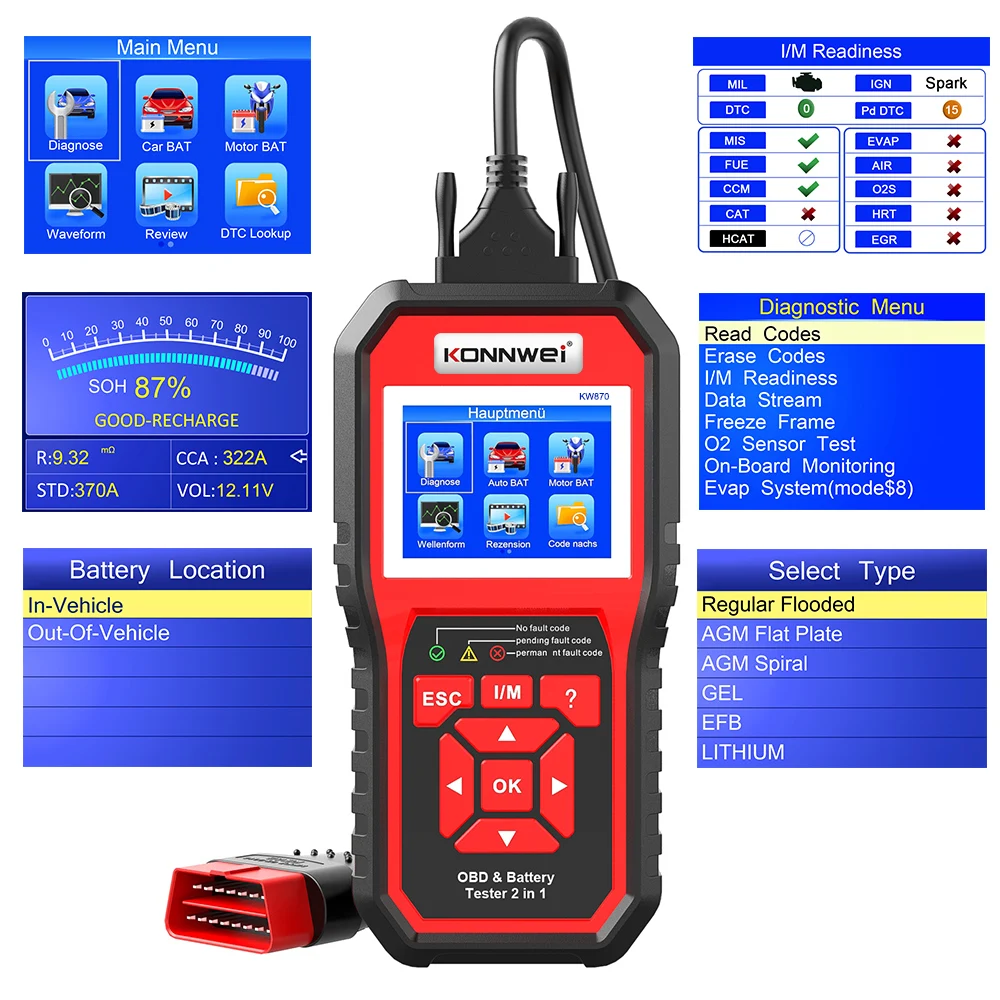 6V 12V Car Battery Tester Automotive Scanner 2 in 1 Car OBD2 ODB Check Engine and Battery Diagnostic Tool Cranking Charging Test