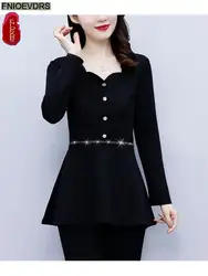 Button Basic Shirts Woman Fall Autumn Work Single-Breasted Black Blouses Office Lady Elegant Retro Vintage Bling Tops Blusas