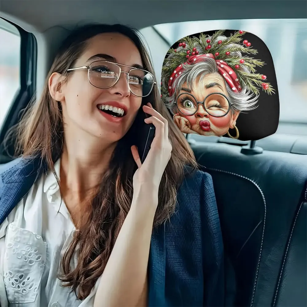 Vintage Playful Granny Christmas Print Headrest Cover, Festive Quirky Decor, Universal Car Headrest Cover