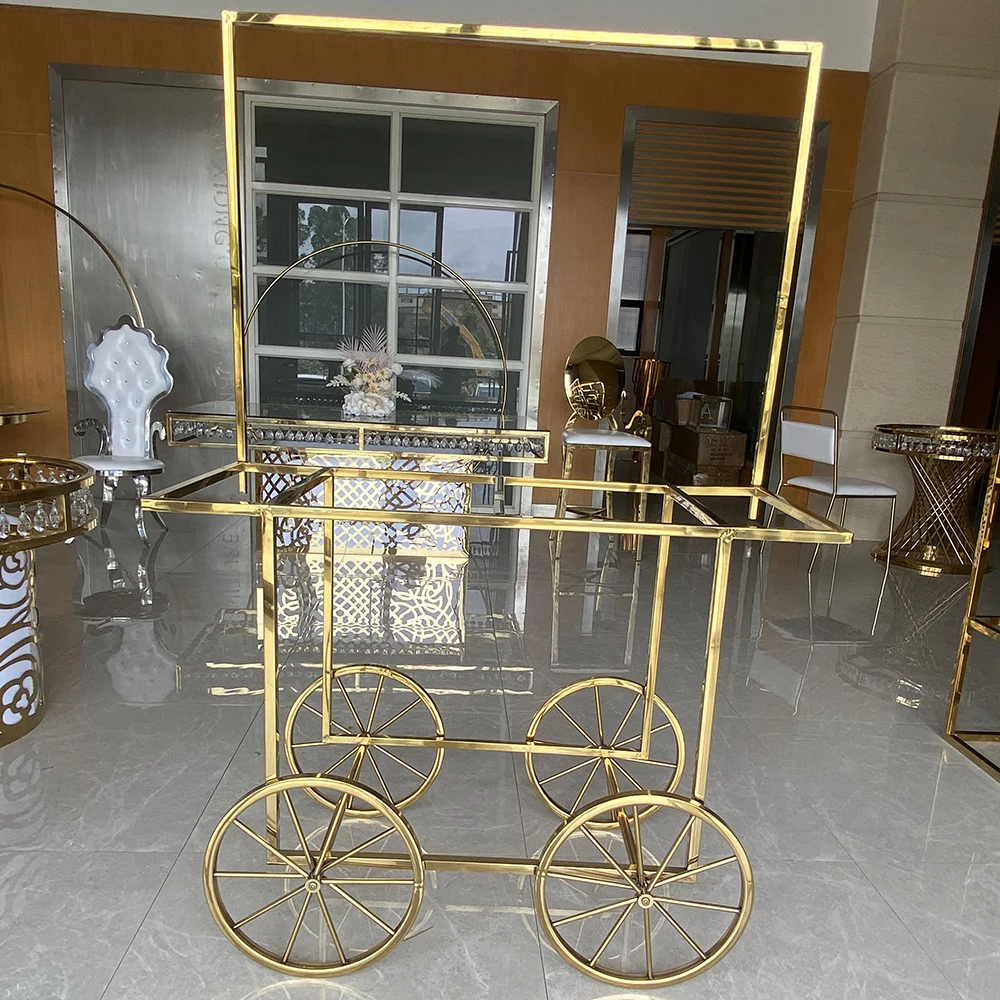 Luxury Good Quality Wedding Decorations Gold Stainless Steel Candy Cart With Wheels Display For Wedding Event Used