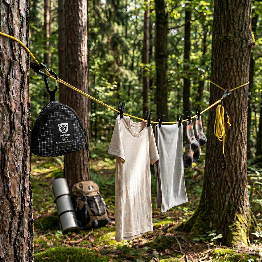 Verstellbare Windfeste Outdoor-Wäscheleine mit Clips Tragbare Aufbewahrungsleine für Camping Wandern Reisen Wäschezubehör – Detail 2