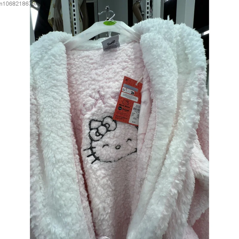 Sanrio Hello Kitty Women Winter Coral Velvet Nightgown New Cute Cartoon Thick Hooded Sleeprobe Warm Korean Style Home Night-robe