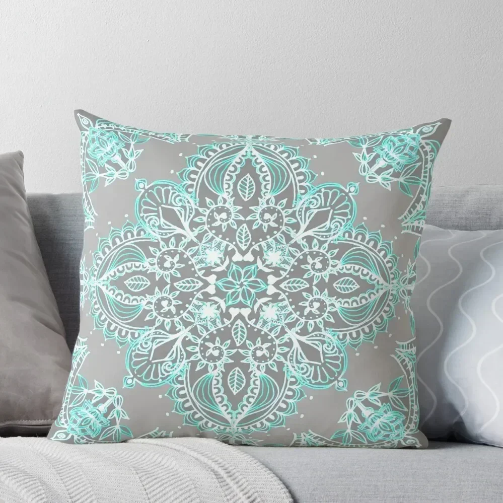 

Teal and Aqua Lace Mandala on Grey Throw Pillow Cushions Home Decor Cushions New year covers for pillows pillow