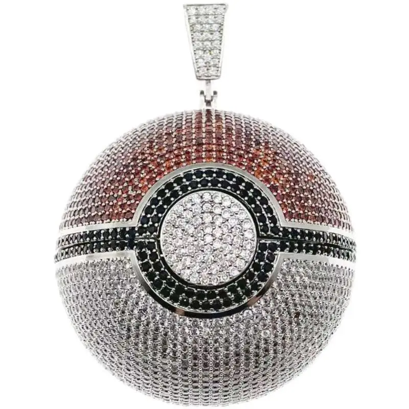 Pokemon Anime Peripherals Kawaii Piakchu Poke Ball Cartoon Style Originality Hip Hop Accessories 3DFull Diamond Pendant Necklace