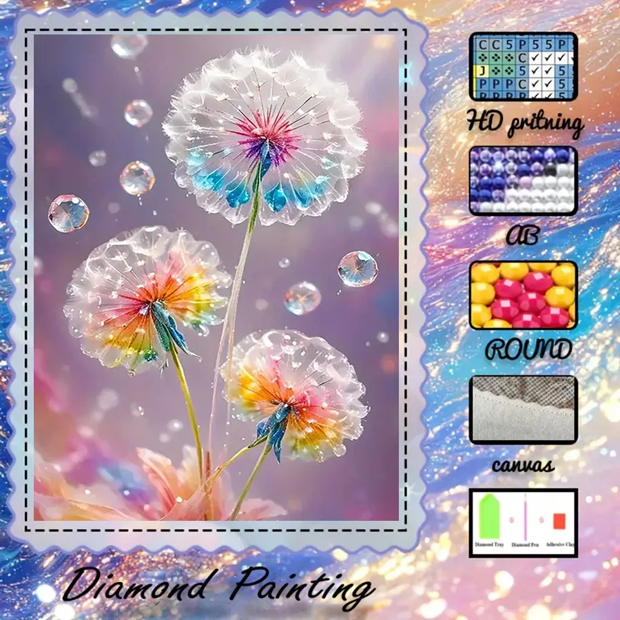 1 piece - 5D-DIY - Flocking cloth - Special drill - Diamond painting set - Dandelion flower - Mosaic - Diamond art