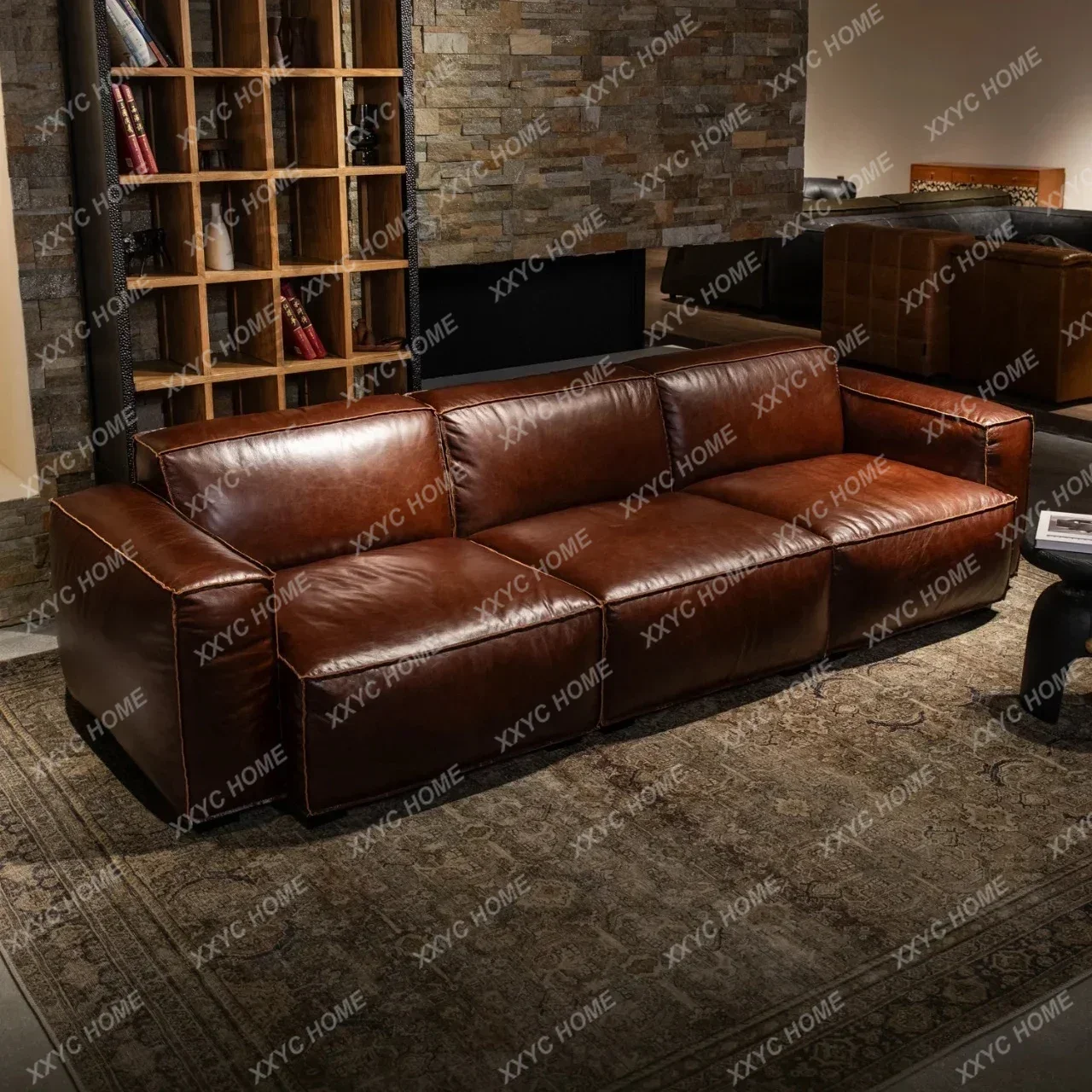 TTTTMedieval Tofu Block Oil Wax Leather Sofa Retro Living Room Villa Room Module Straight Row Sofa