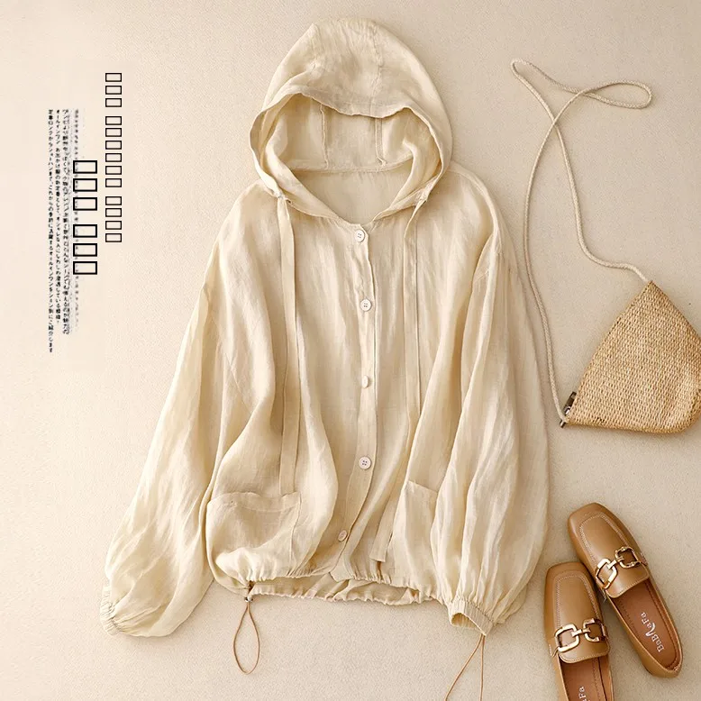 หมวกผ้าฝ้ายลินินสำหรับผู้หญิง ป้องกันแสงแดด เสื้อคลุมฤดูร้อนบางเบา ใส่ไปชายหาด ใส่ในห้องแอร์ ทรงหลวม แขนยาว