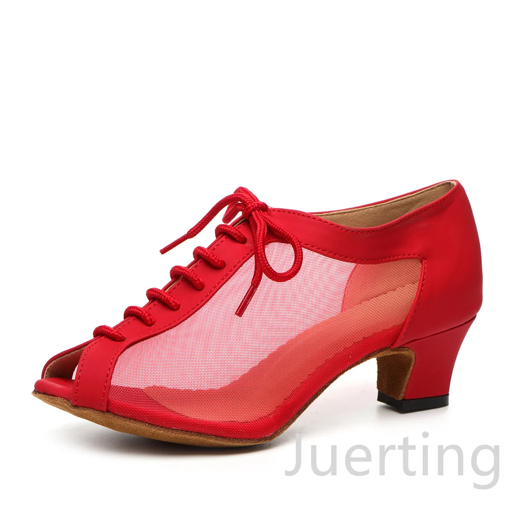 Chaussures de danse latine, chaussures de spectacle de danse latine, talons bas, semelle souple en daim, bottes de danse cha cha en maille,