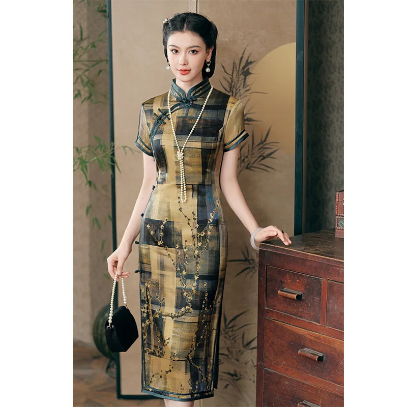 High Quality Retro the Republic of China Style Old Shanghai Real Silk Mother Cheongsam Qipao Women's Short