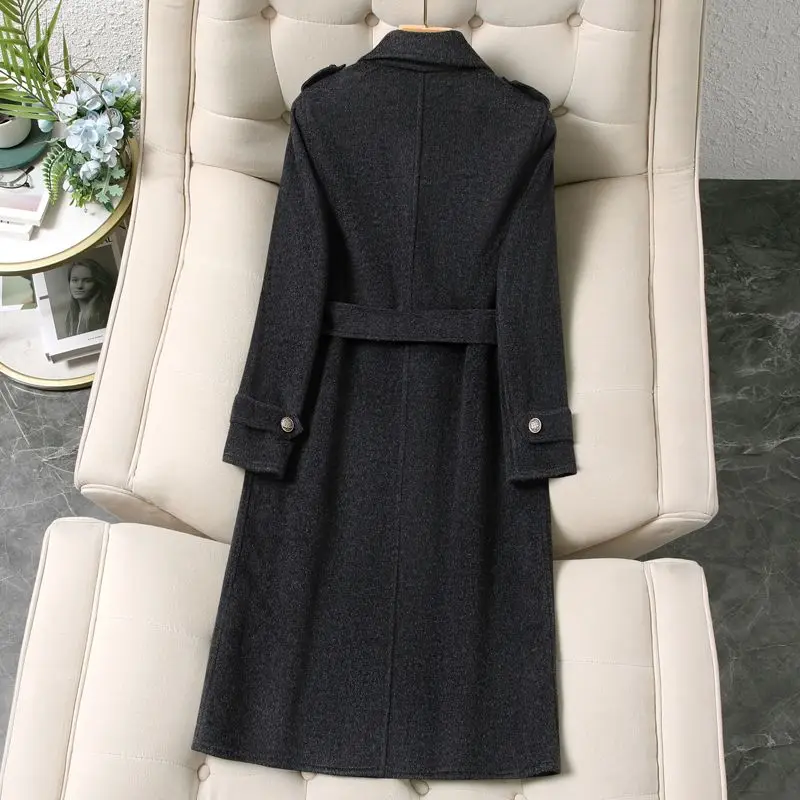 جديد الراقية الوجهين الصوف معطف الصوف المرأة الخريف الشتاء مزاجه طويل التلبيب معطف الصوف الدافئ معطف أبلى السيدات #5