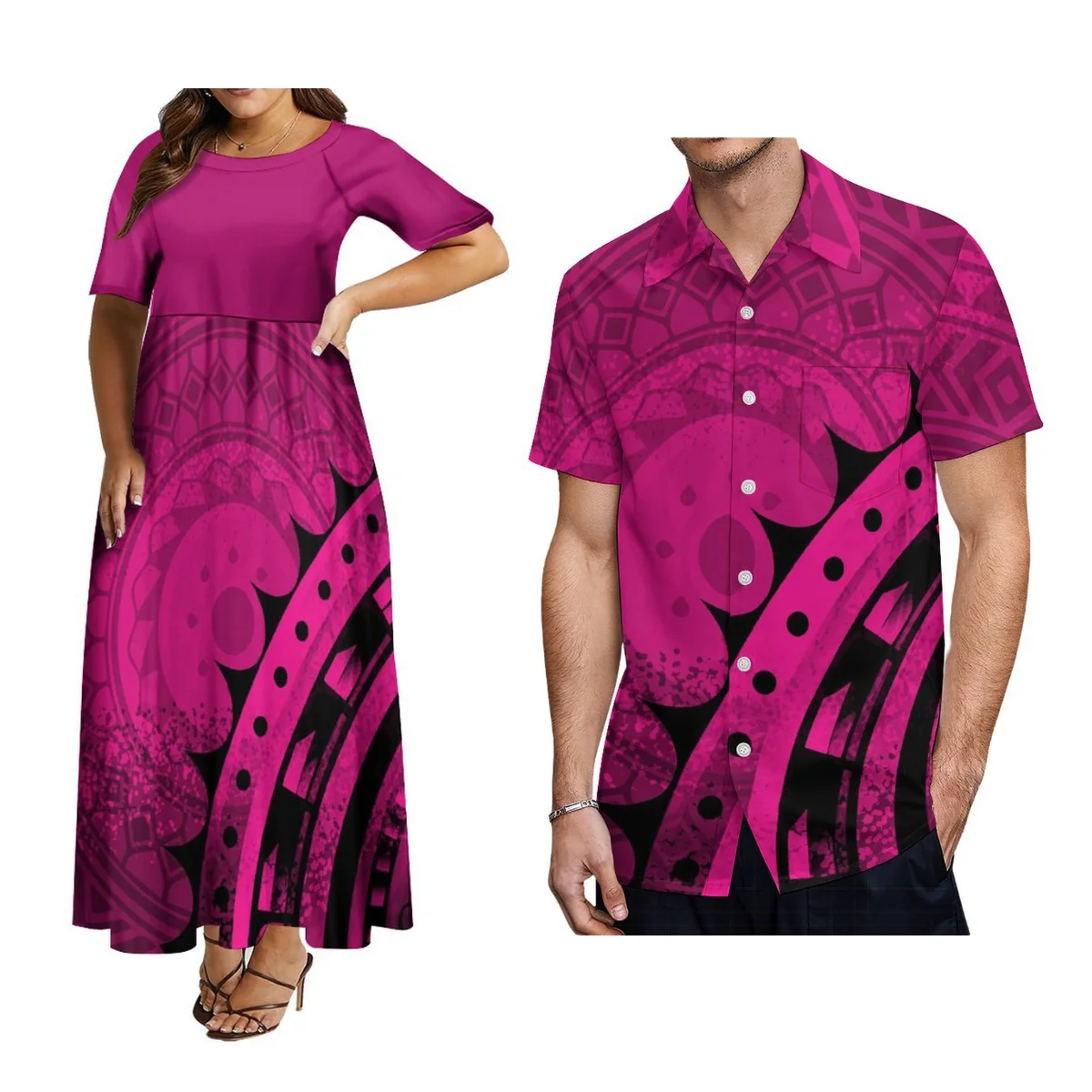 

Women'S Crew Neck Dress Family Party Dress With Men'S Casual Shirt Samoan Couple Suit Polynesian Fashion Print Custom