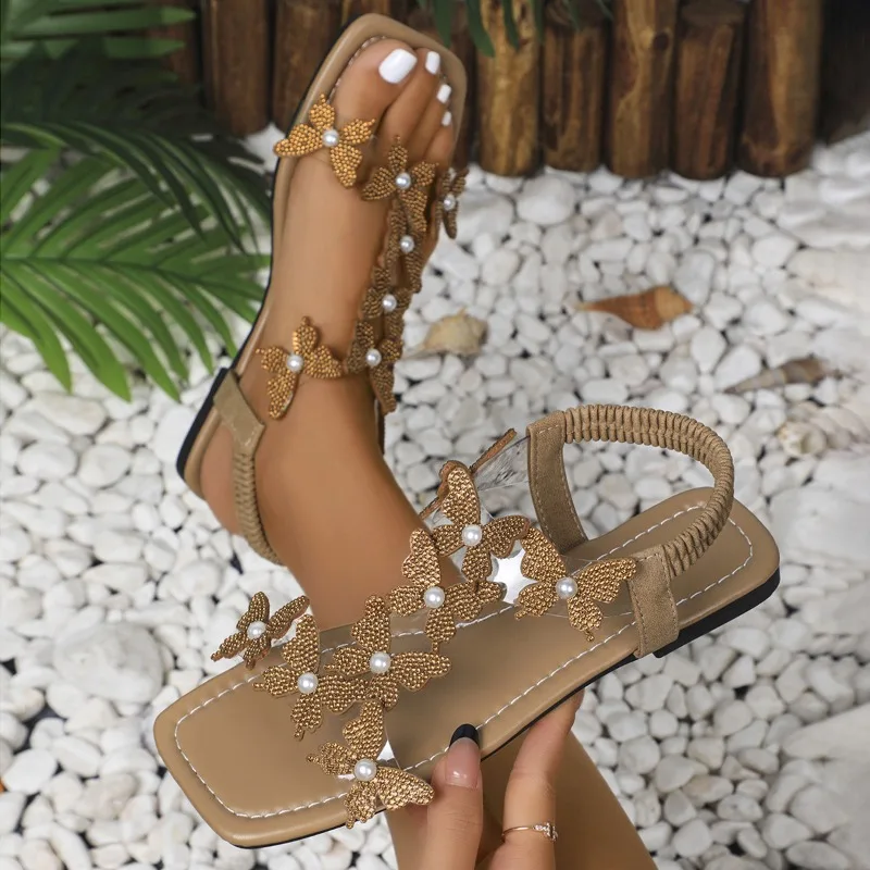 Women's Sandals Shining Rhinestone Beach Shoes Butterfly Non-slip Open Toe Flat Sandals Fashion Summer Women Shoes High Quality
