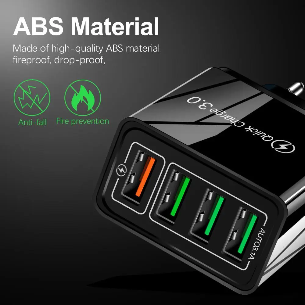 شاحن USB سريع QC3.0 مع مؤشر LED، كتلة محطة شحن جدارية ذات 4 منافذ لـ US EU UK AU، محول سفر متعدد للهاتف #4