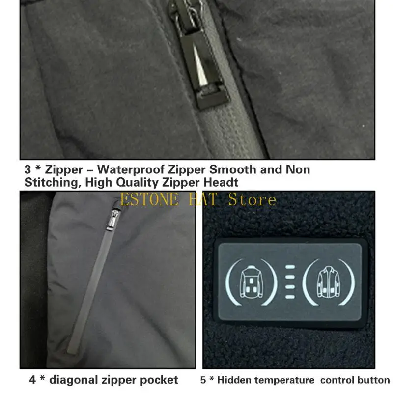 49MF vestes chauffantes isolées avec capuche unisexe 3 contrôles température vêtements d'extérieur chauffants électriques