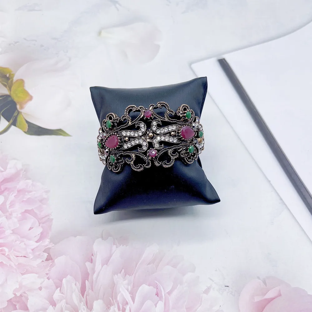 Neovisson Ethnic Women Cuff Bracelet Flower Antique Gold Color Resin Turkish Jewelry Rhinestone Banquet Wedding Wrist Jewelry