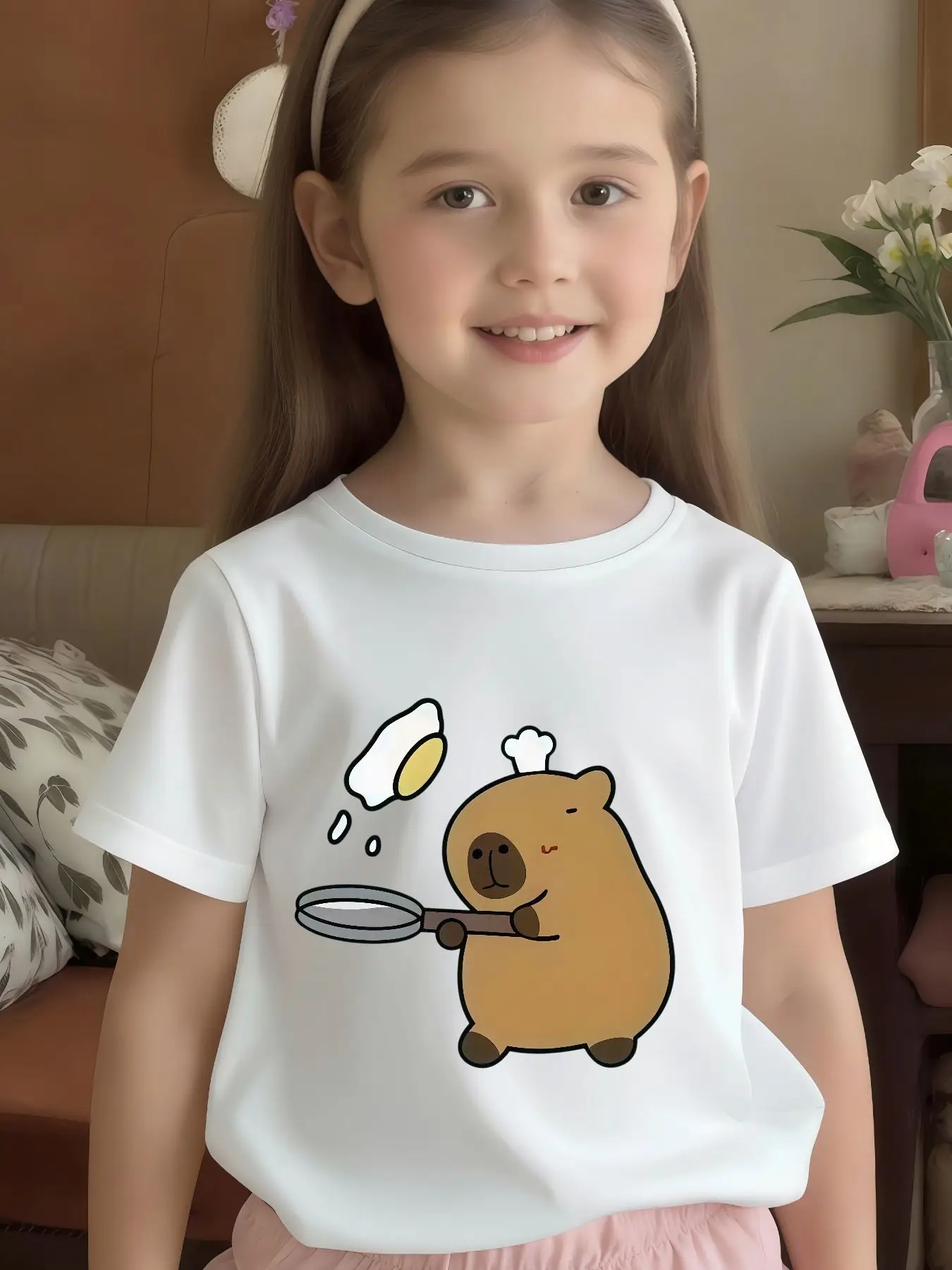 Cute Chef Capybara Frying Egg Print Graphic Kids Tee Boys Girls Family Matching Cotton Crew Neck Short Sleeve Soft Summer Tee