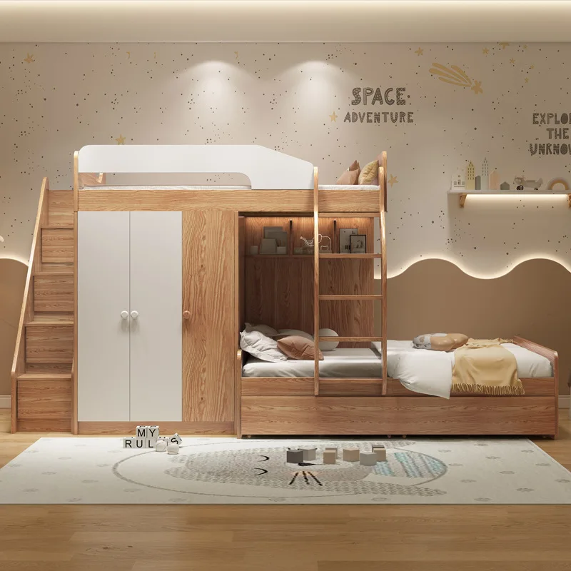 Solid wood parallel staggered with wardrobe integrated dislocation type high and low multi-functional small apartment type