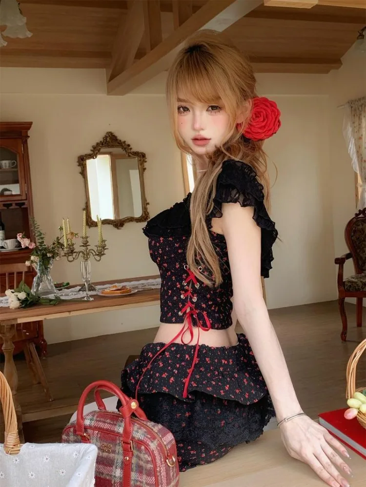 Sweet Sexy Off Shoulder Mesh Rose Print Tops Women+ Y2k E-Girl High Waist Ruched Bow Skirts 2024 Summer Enw Two Piece Sets